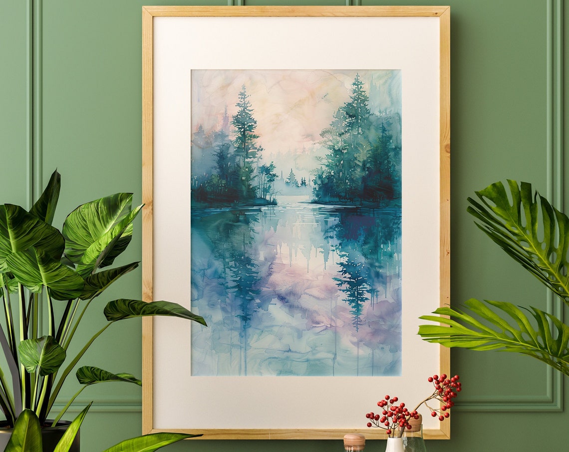 Misty Pine Forest Watercolor Lake Reflection Nature Art Poster - Image 4