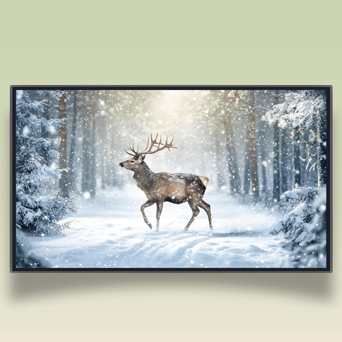 Majestic Stag Running Through Snowy Pine Forest Winter Poster
