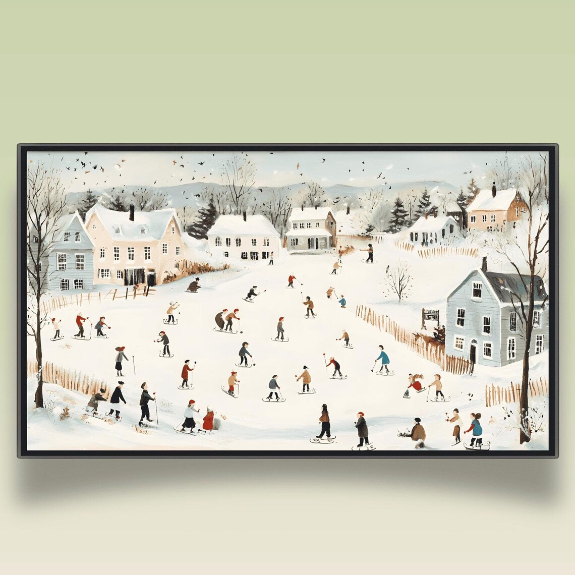 Scandinavian Village Winter Ski Slope Scene Naive Painting Poster
