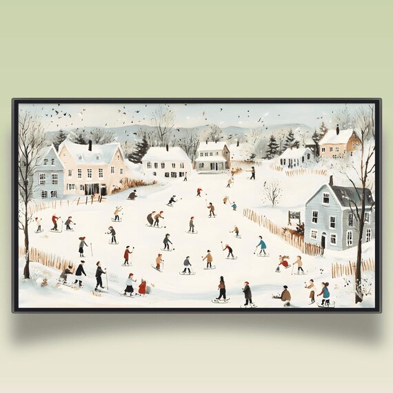 Scandinavian Village Winter Ski Slope Scene Naive Painting Poster