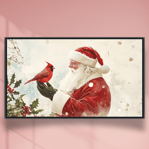 Santa Claus with Cardinal in Falling Snow Holly Sprigs Poster