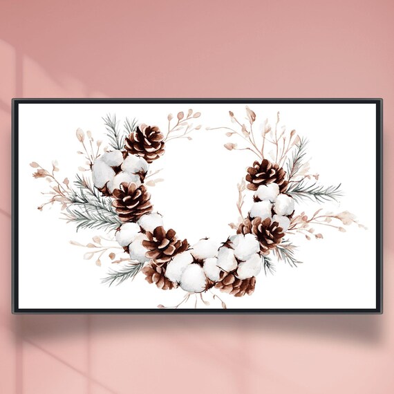 Pinecone Cotton Wreath With Green Pine Sprigs Winter Decor Poster