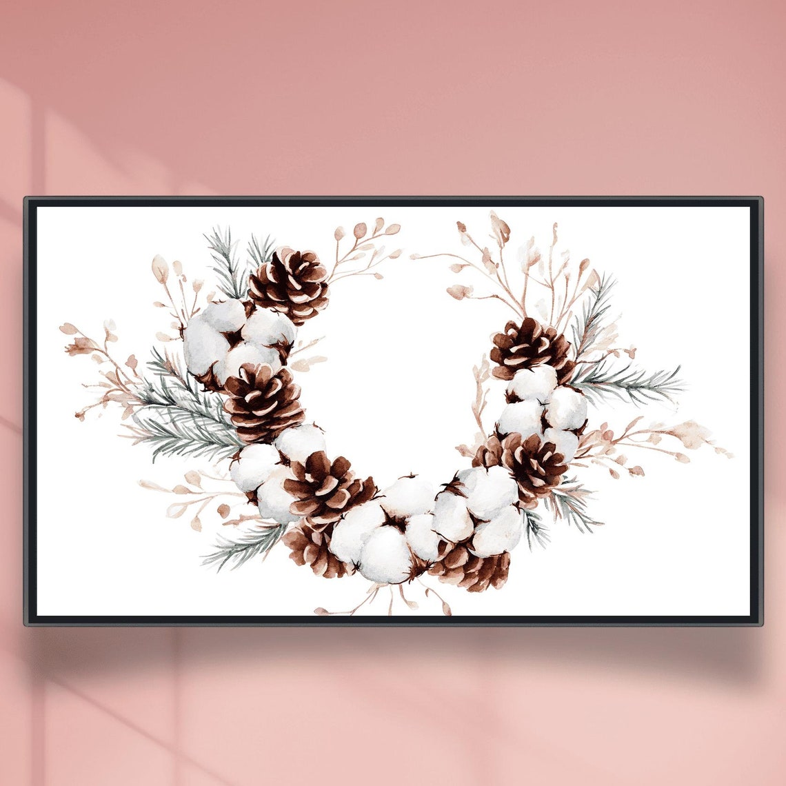 Pinecone Cotton Wreath With Green Pine Sprigs Winter Decor Poster