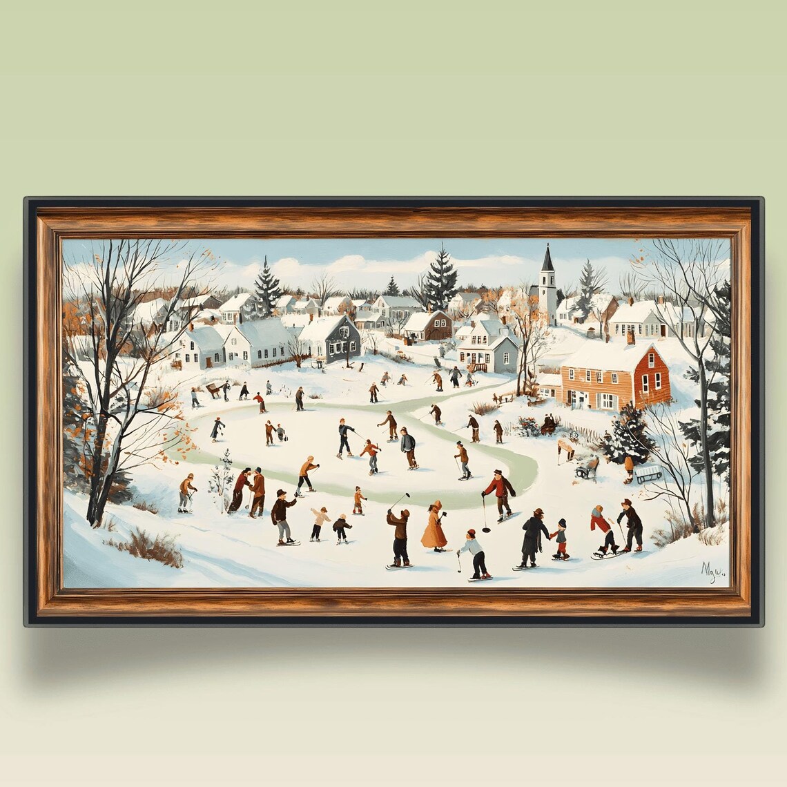 Pond Hockey Players Snowy Village Church Steeple Vintage Poster