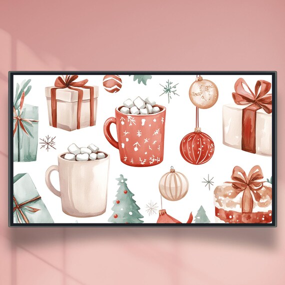Watercolor Christmas Cocoa Gifts and Ornaments Frame TV Poster
