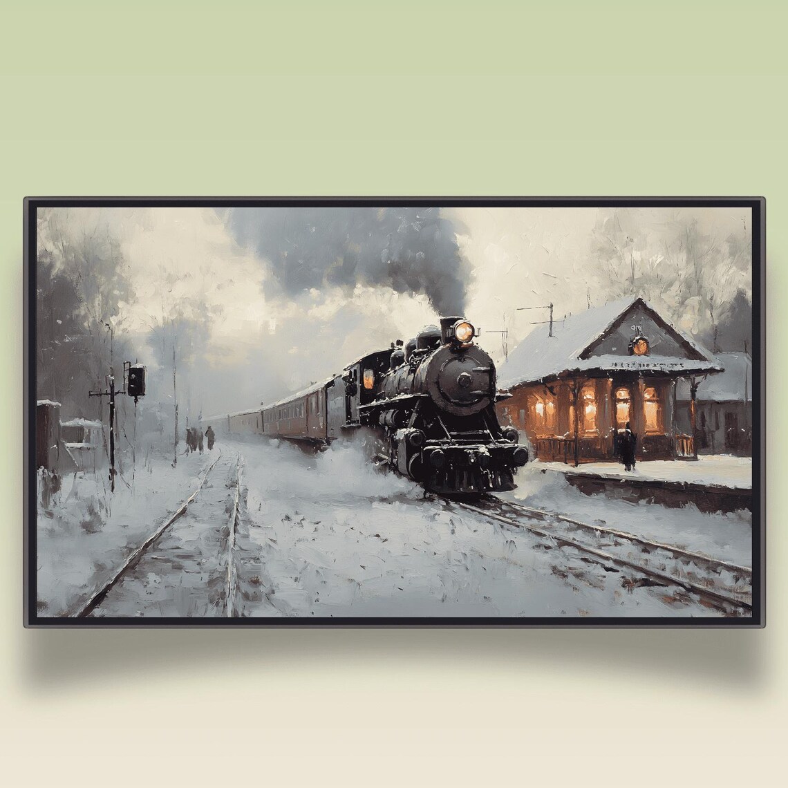 Steam Locomotive At Snowy Vintage Train Station Winter Poster