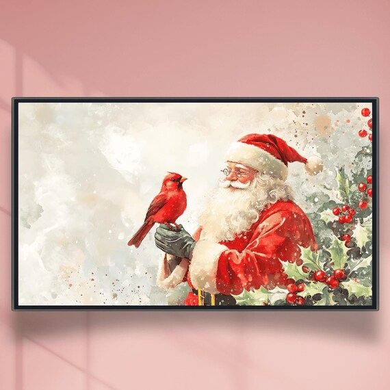 Santa Claus Holding Cardinal in Snowfall Holly Border Poster