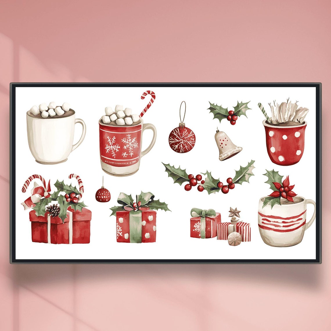Watercolor Hot Cocoa Mugs Gifts And Holly Christmas Scene Poster