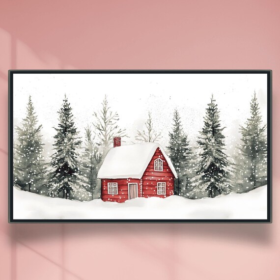Red Cabin Surrounded By Tall Snowy Pines Christmas Eve Poster