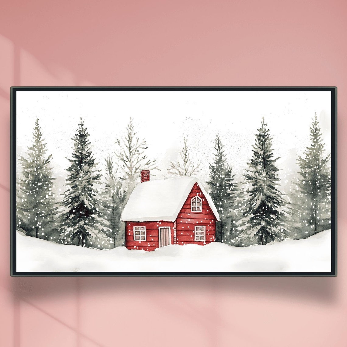Red Cabin Surrounded By Tall Snowy Pines Christmas Eve Poster