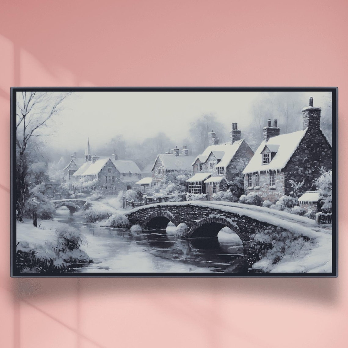 Snow Covered Village With Twin Stone Bridges Over River Poster