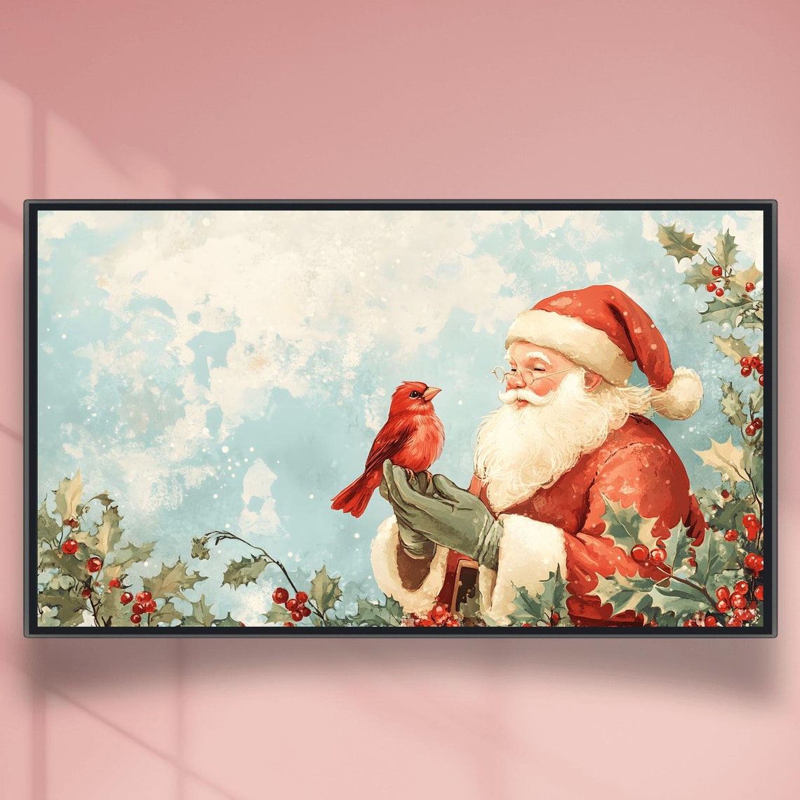 Santa Claus and Red Cardinal Among Holly Berries Painting Poster