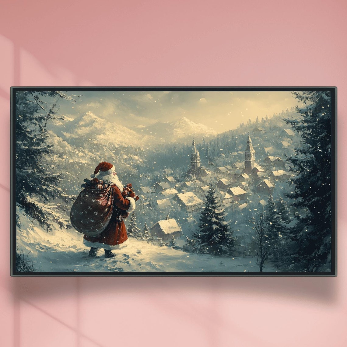 Santa Overlooking Snowy Village Church Spires In Golden Poster