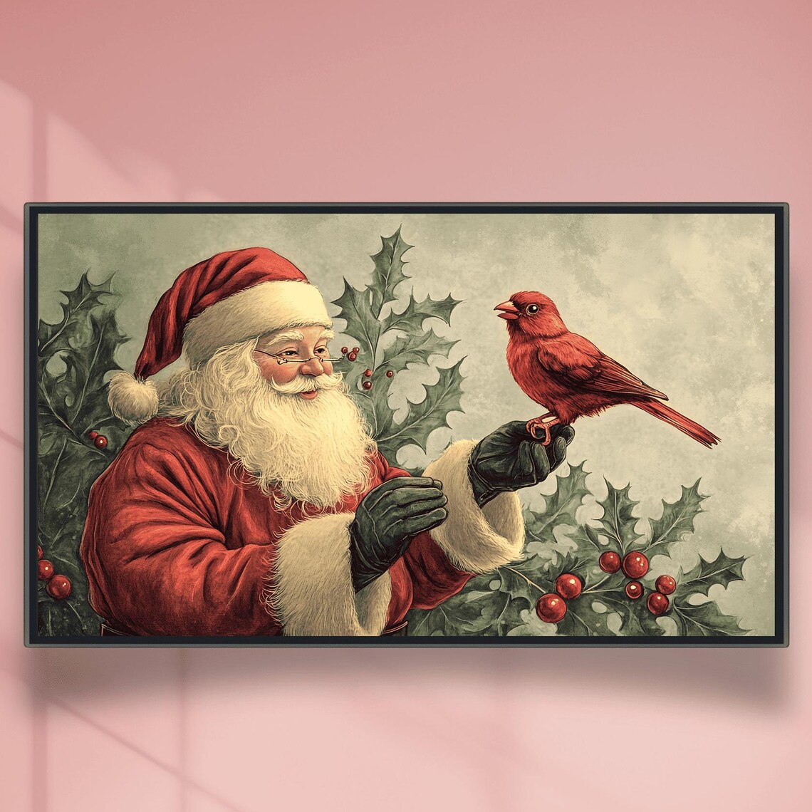 Santa Claus with Red Cardinal Bird Giant Holly Leaves Art Poster