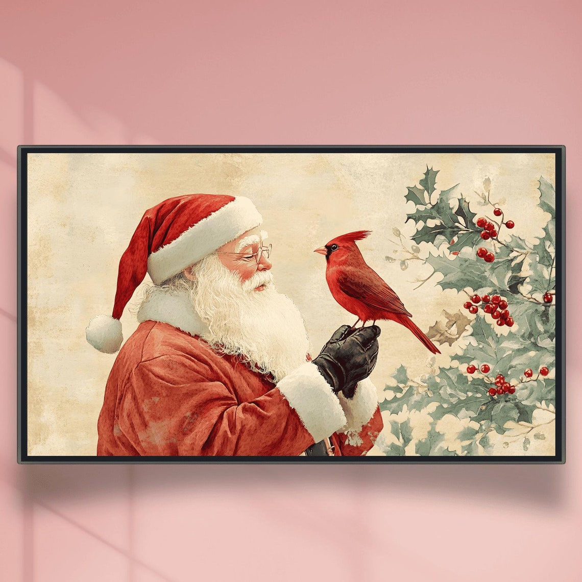 Vintage Santa Claus Profile with Cardinal Cream Background Poster
