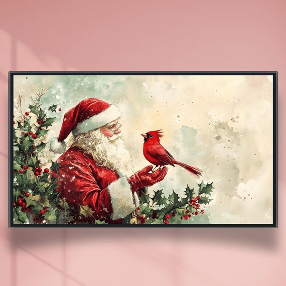 Santa Claus Holding Red Cardinal Vintage Holly Watercolor Poster