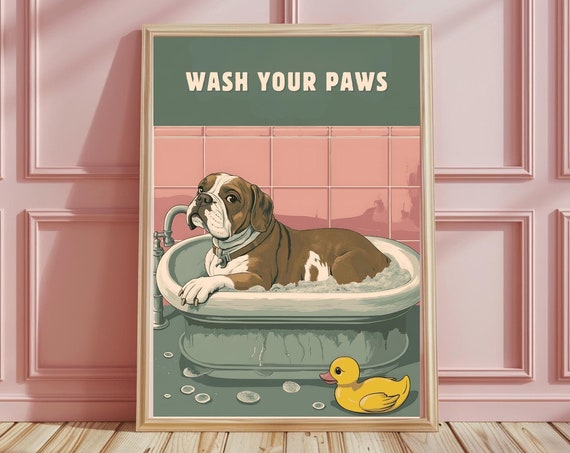 Animal Dog Bathroom Sink Print Pet Dog Wall Art Vintage Wall Art Toilet Restroom Funny Bathroom Wall Art Home Decor