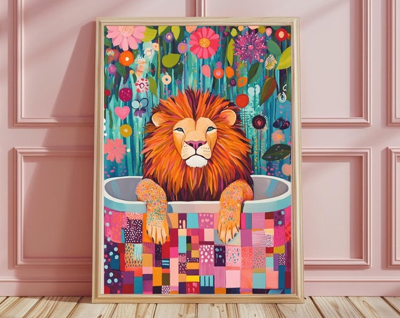 Animal Lion Bathroom Print Lion Painting Maximalist Decor Lion Poster Wall Art Funny Bathroom Wall Art Home Decor