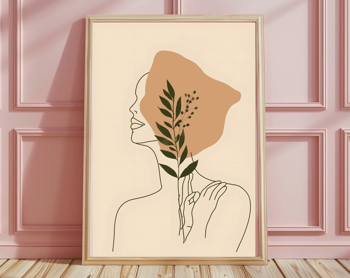 Minimalist Line Art Woman Profile Holding Leafy Branch Poster