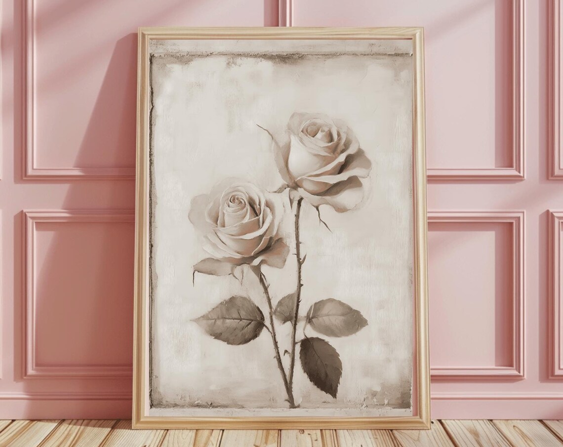 Two White Roses on Beige Neutral Vintage Floral Painting Poster