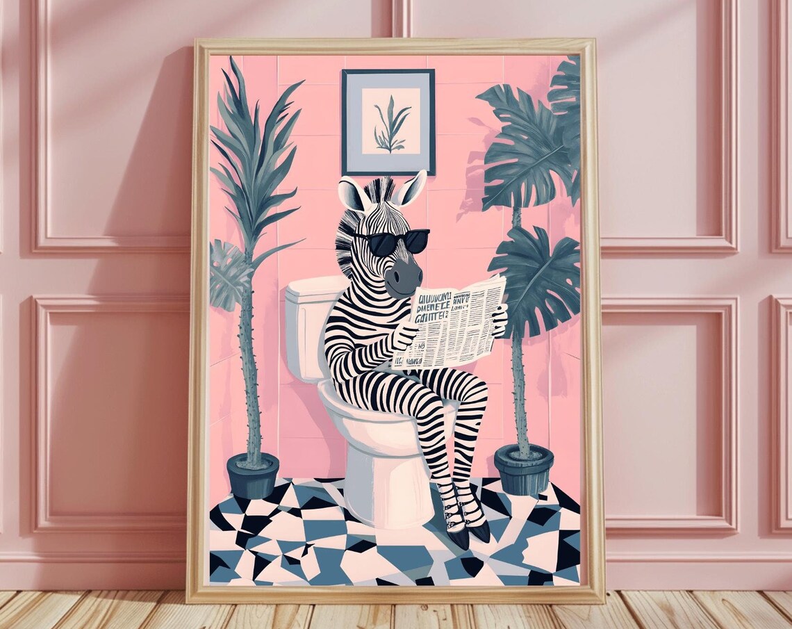 Zebra With Sunglasses Reading Newspaper On Toilet Bathroom Poster