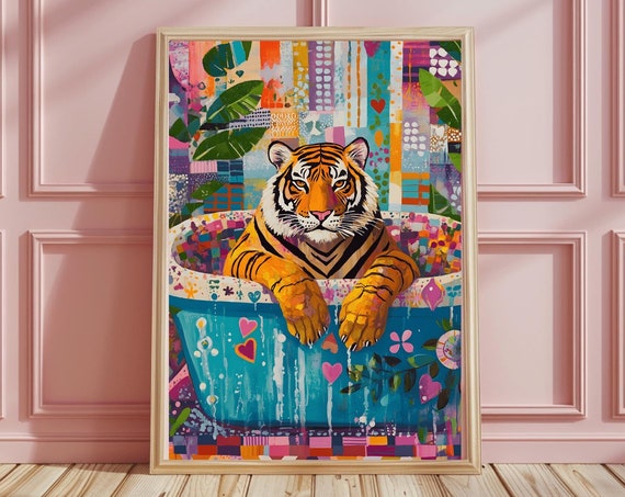 Playful Tiger Resting in Blue Bathtub Heart Confetti Bathroom Poster