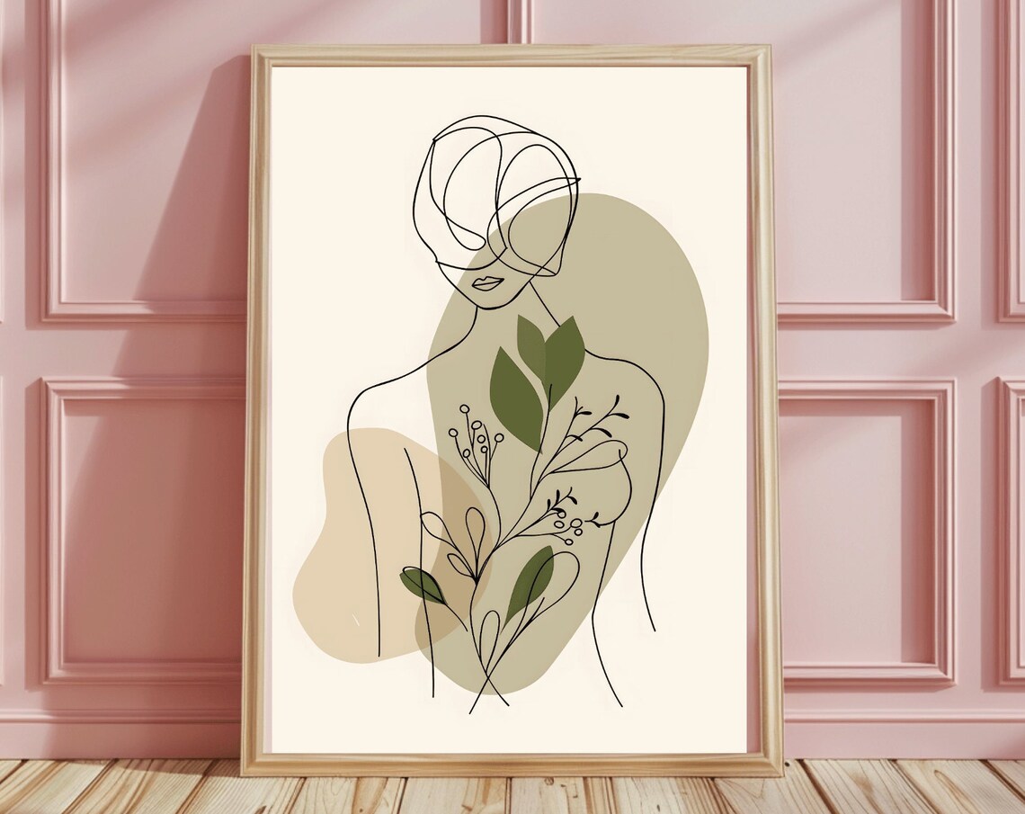 Abstract Beige Line Art Woman with Green Branch Minimalist Poster