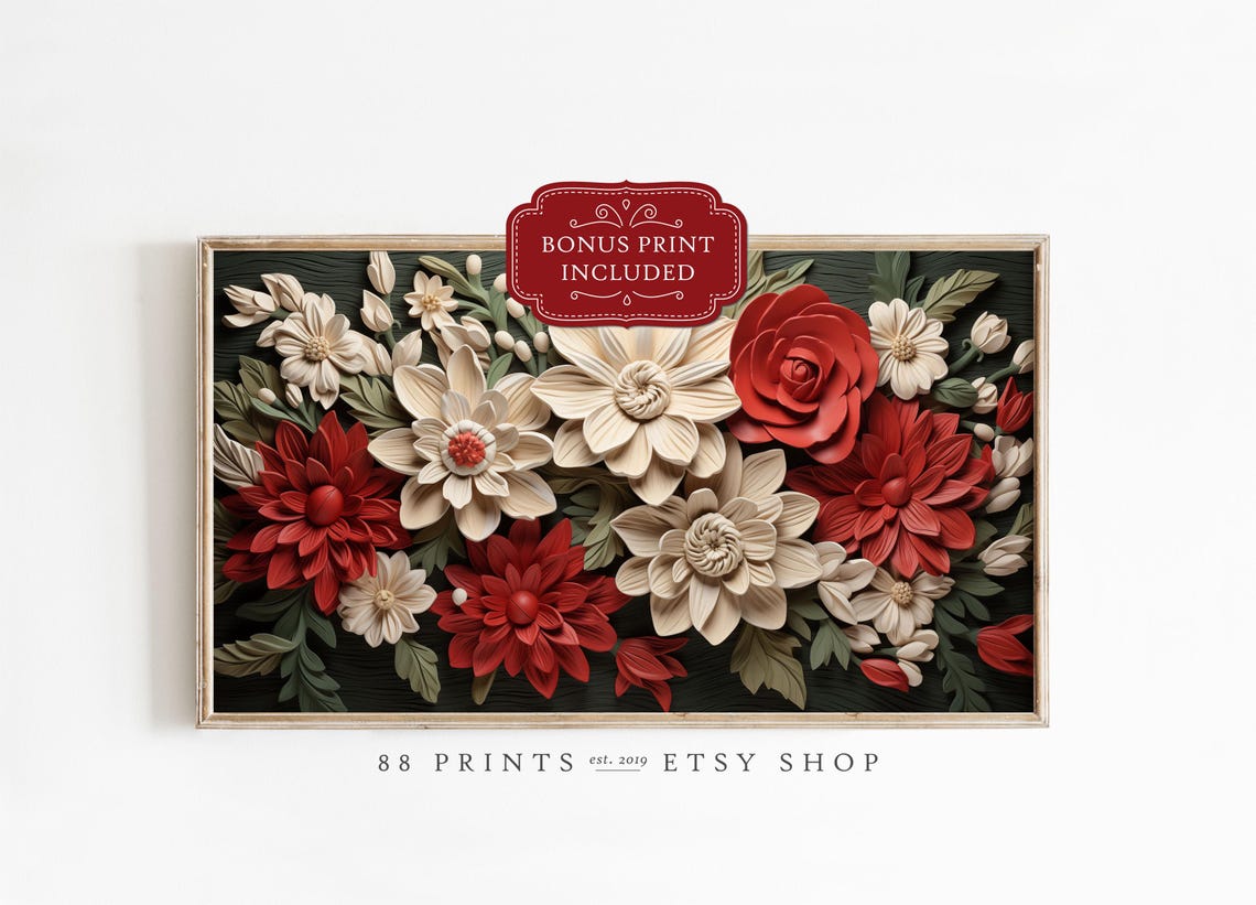 Red White Holiday Paper Flowers Winter Botanical Decor Poster