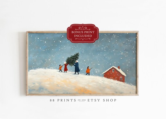 Family Carrying Christmas Tree Folk Art Snowy Farmhouse Poster