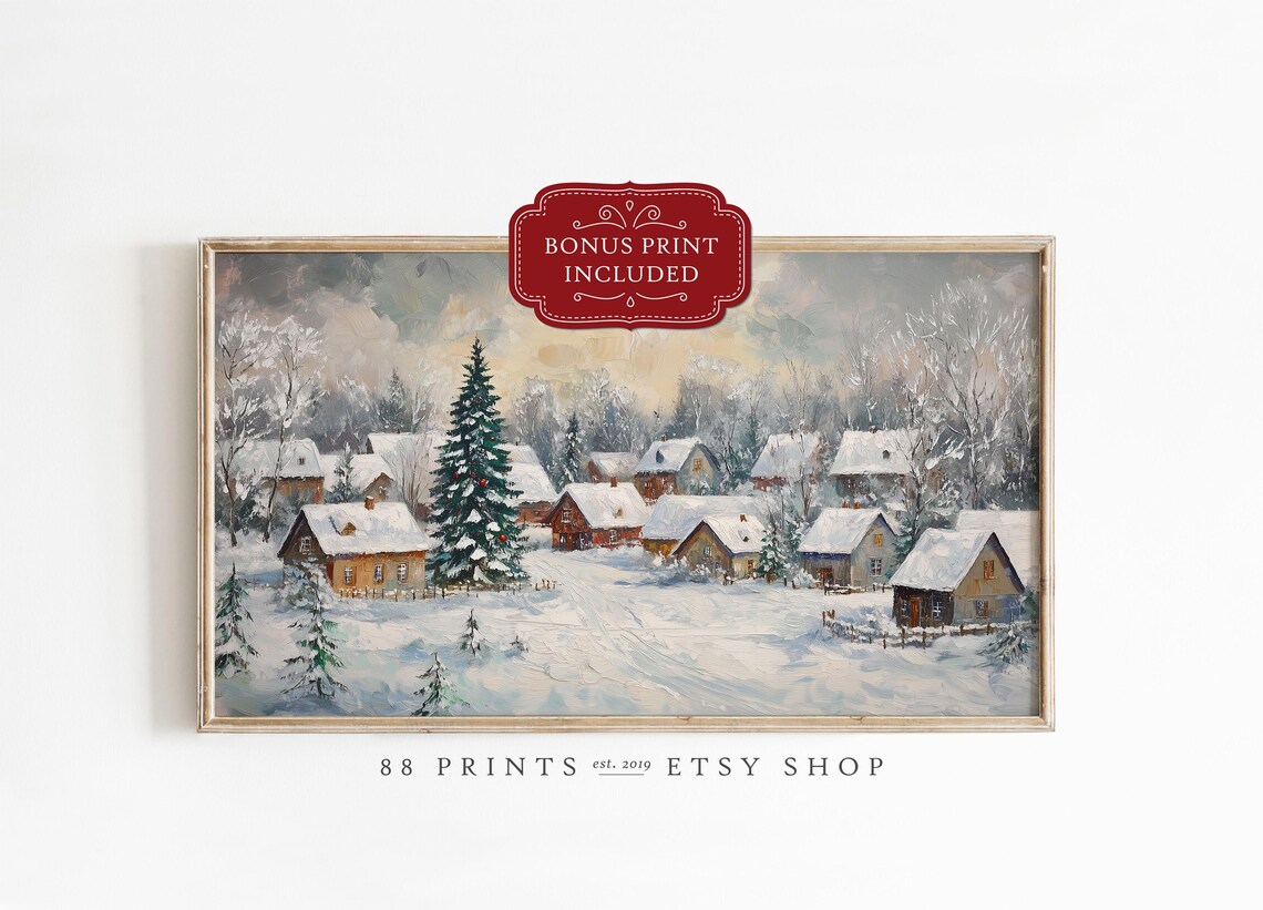 Cozy Snowy Winter Village Christmas Oil Painting Holiday Poster
