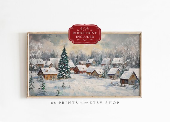 Cozy Snowy Winter Village Christmas Oil Painting Holiday Poster