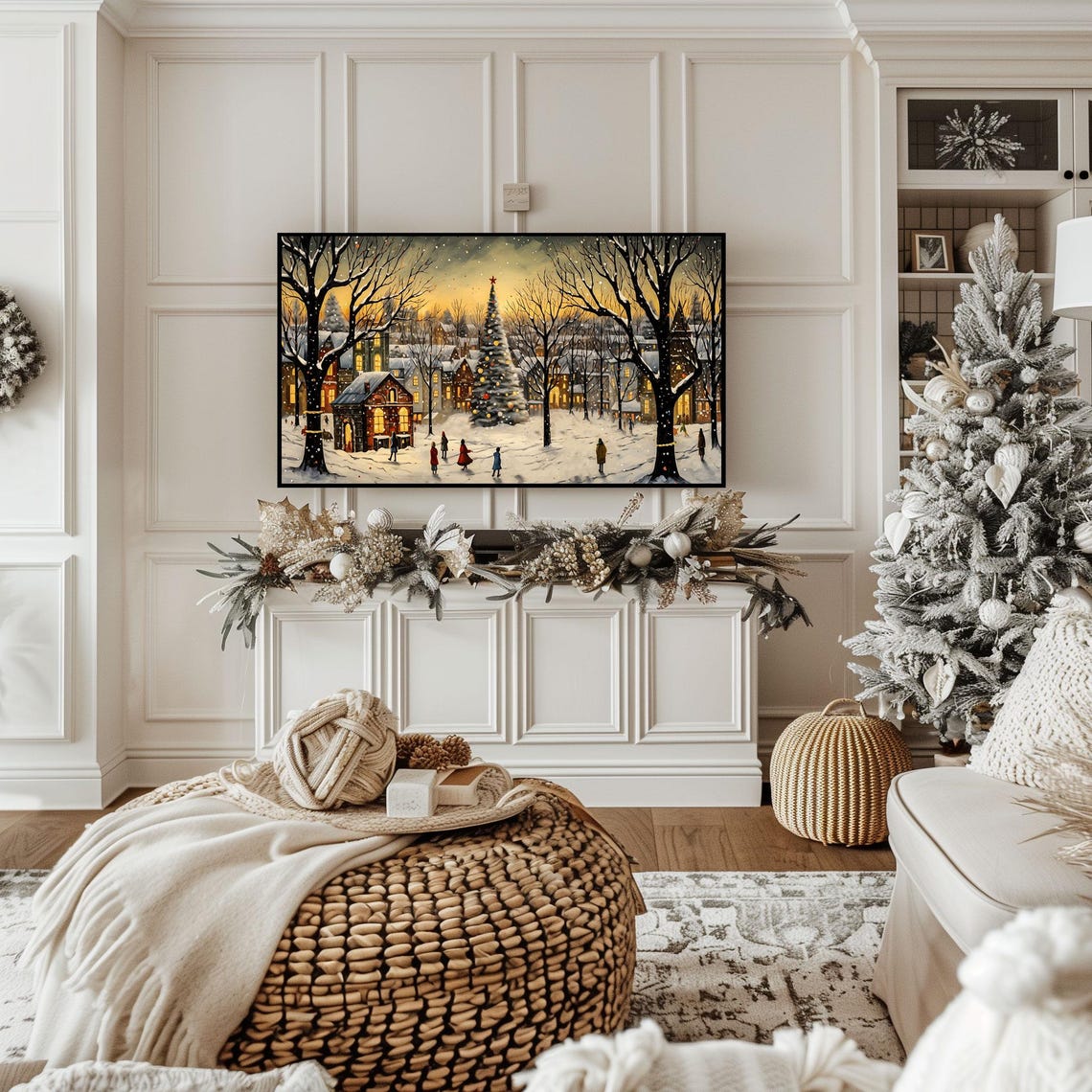 Snowy Christmas Village Square Tree Dusk Winter Town Scene Poster - Image 2