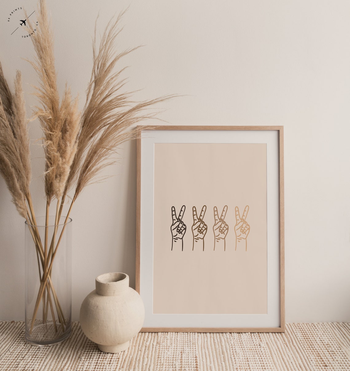 Peace Sign Hands Line Art Set of Four Beige Boho Minimalist Poster - Image 4