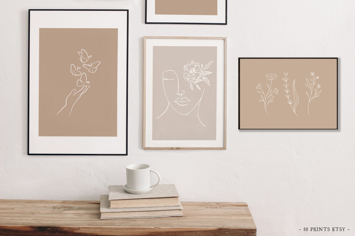 White Wildflowers Line Art Tan Beige Botanical Minimalist Print - Image 3