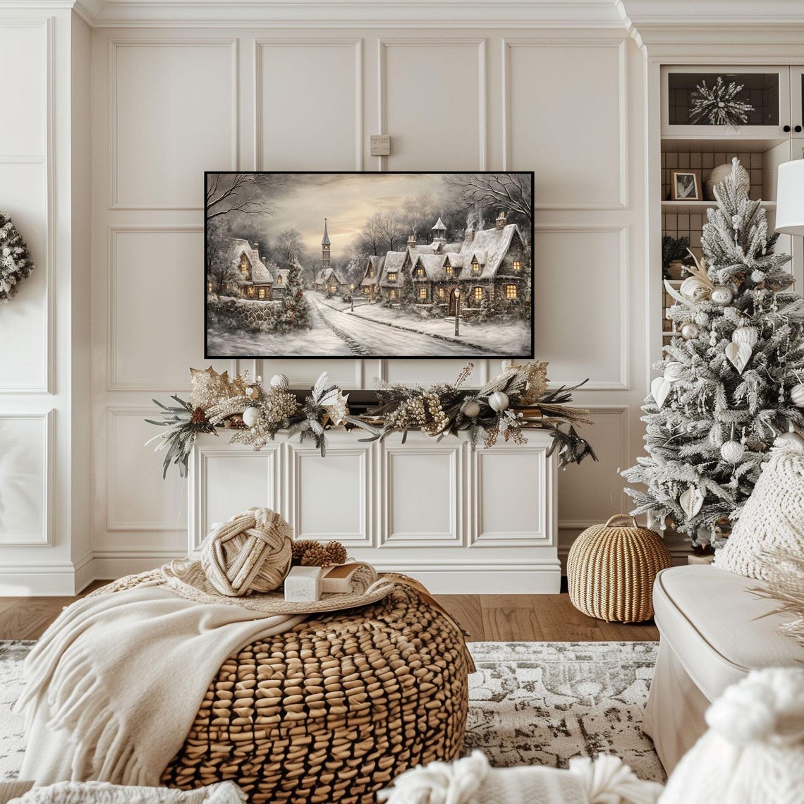 Cozy Snowy Stone Cottage Village Church Winter Night Scene Poster - Image 2