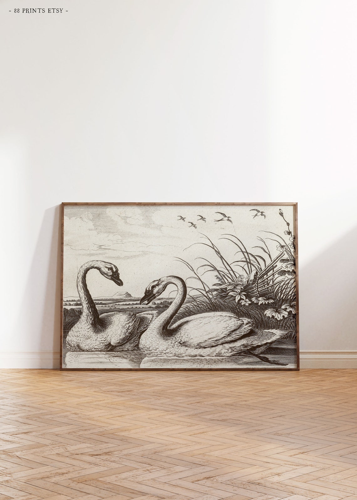 Two Swans Marsh Landscape Vintage Antique Engraving Style Wall Art - Image 4