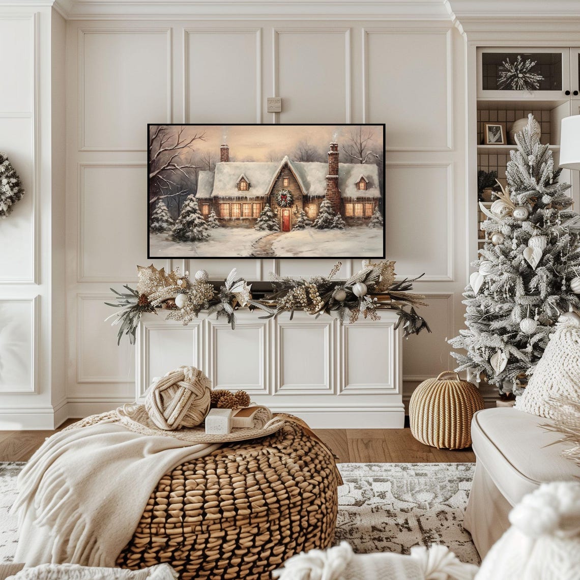 Cozy Snowy Christmas Cabin Glowing Windows Wreath Winter Poster - Image 2