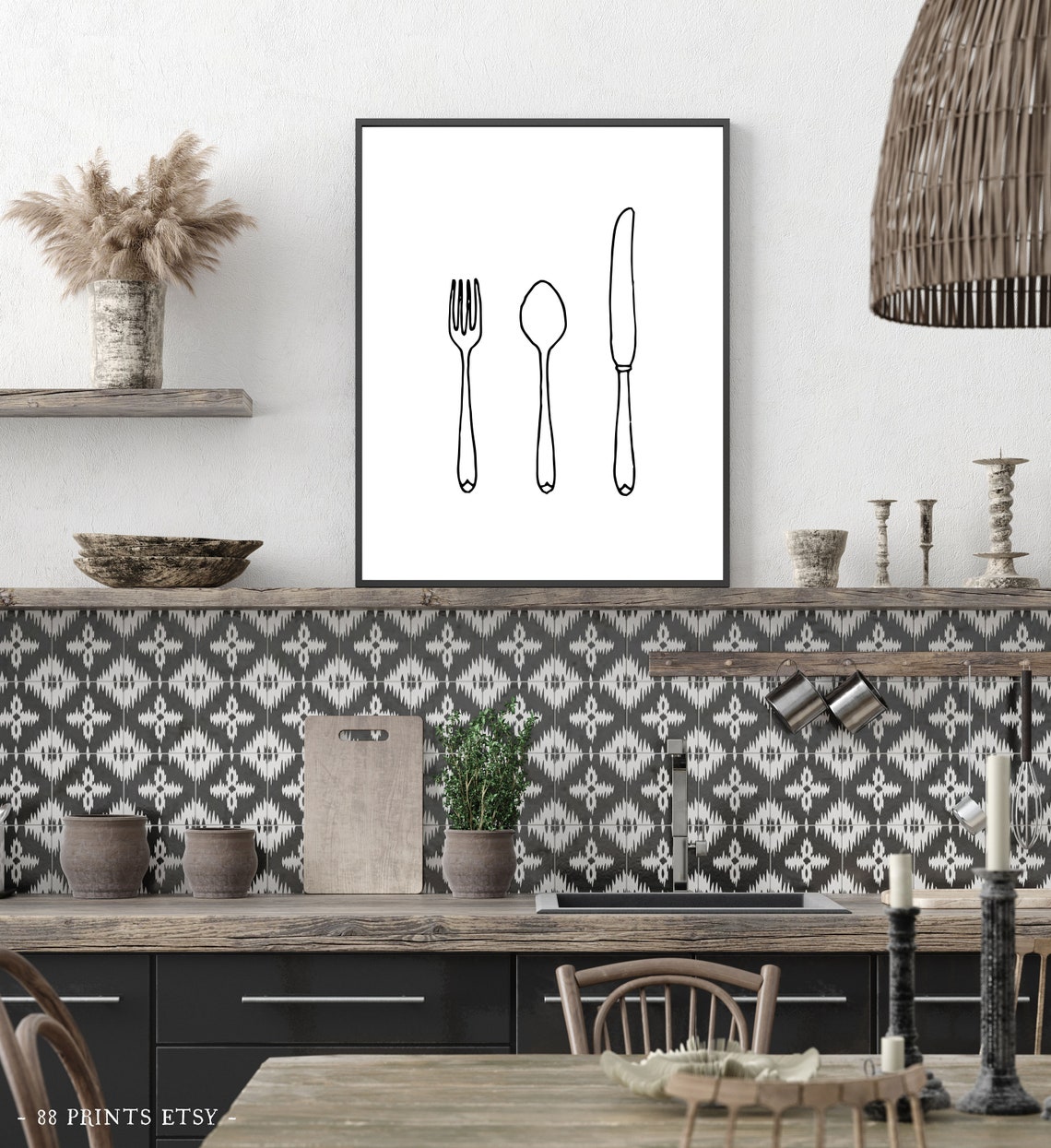 Minimalist Fork Spoon Knife Line Drawing Kitchen Wall Art Decor - Image 2