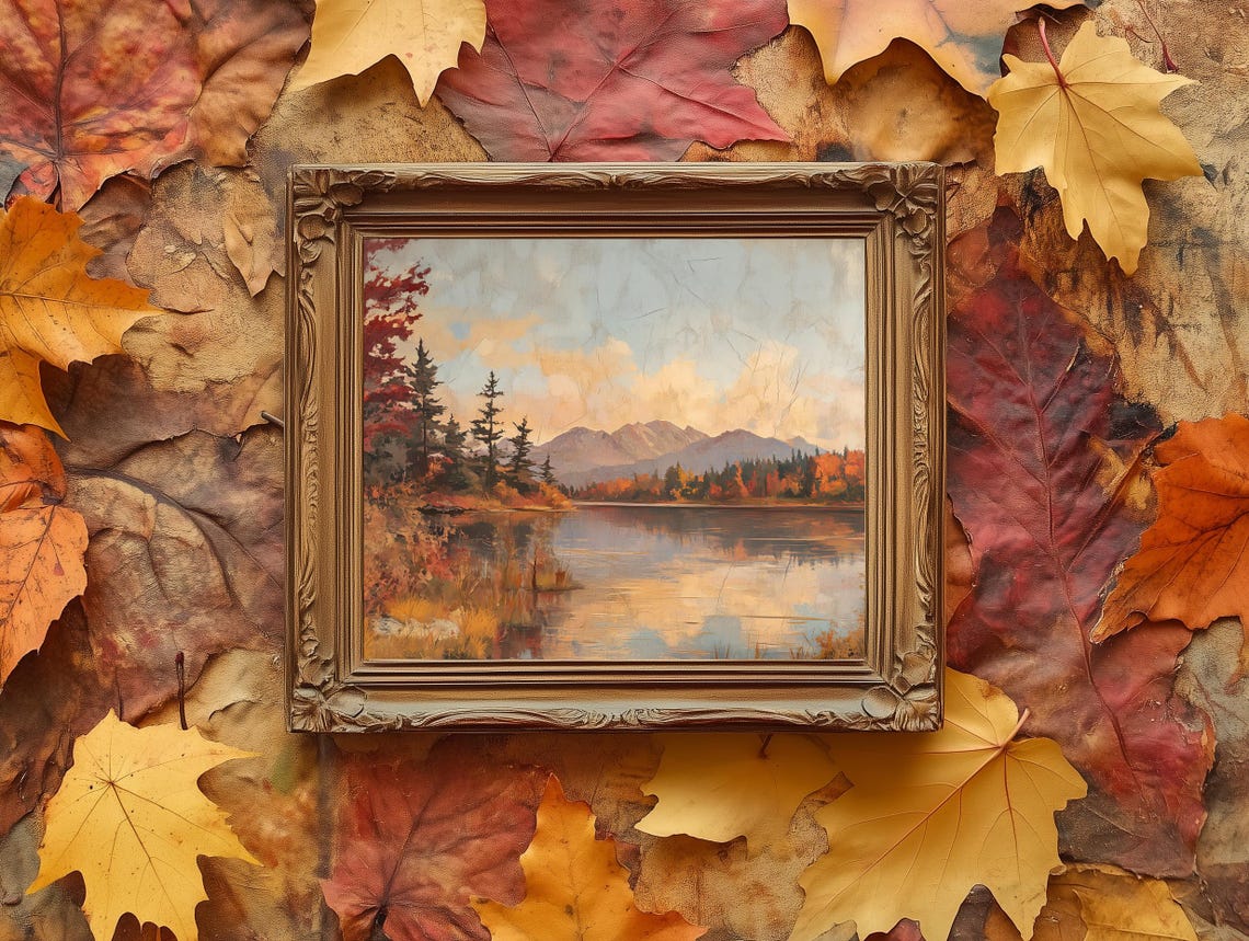 Autumn Lake Red Trees Mountain Vintage Oil Painting Landscape Poster - Image 2