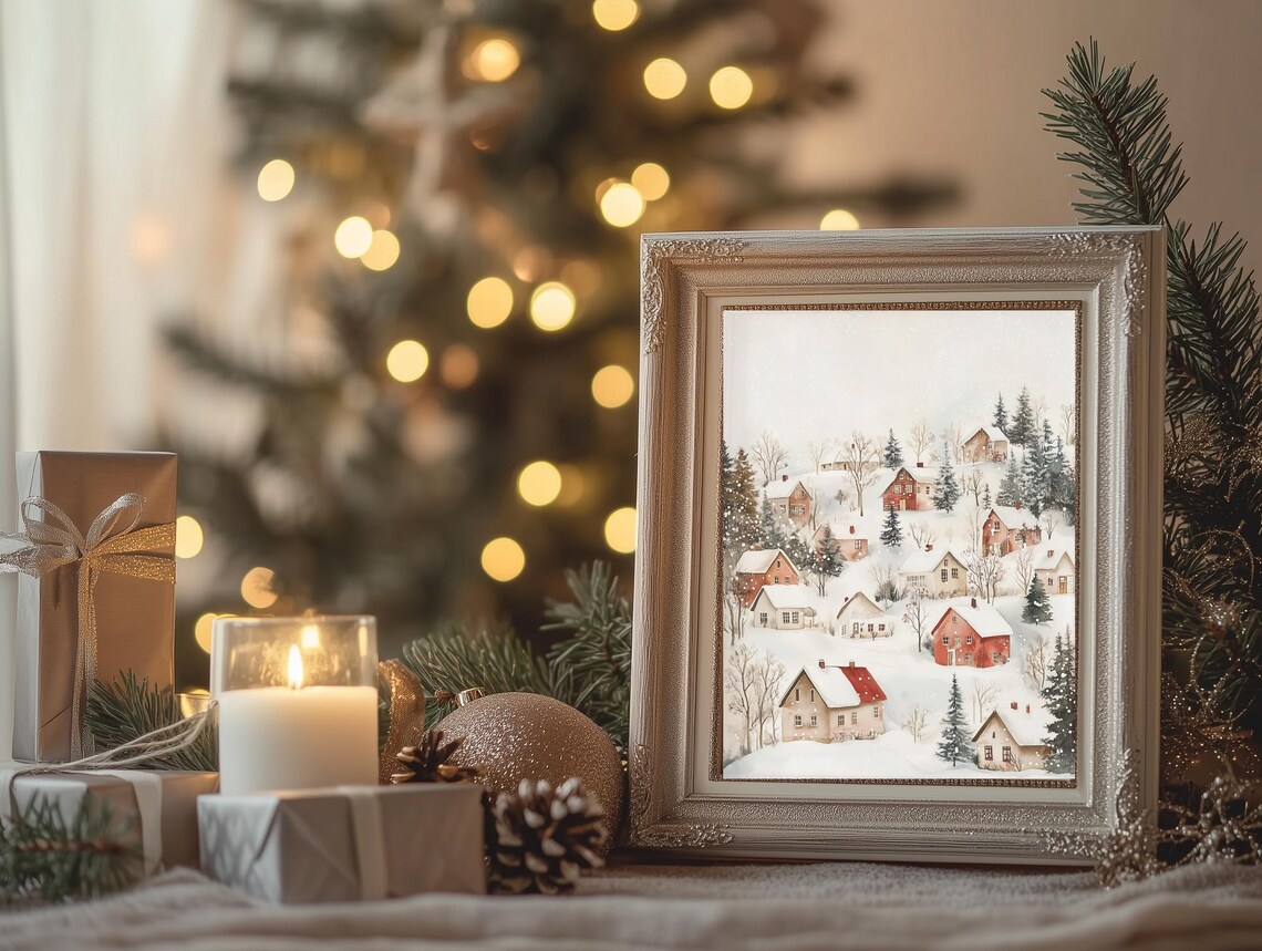 Watercolor Winter Village Snow Scene Red Houses Christmas Poster - Image 3