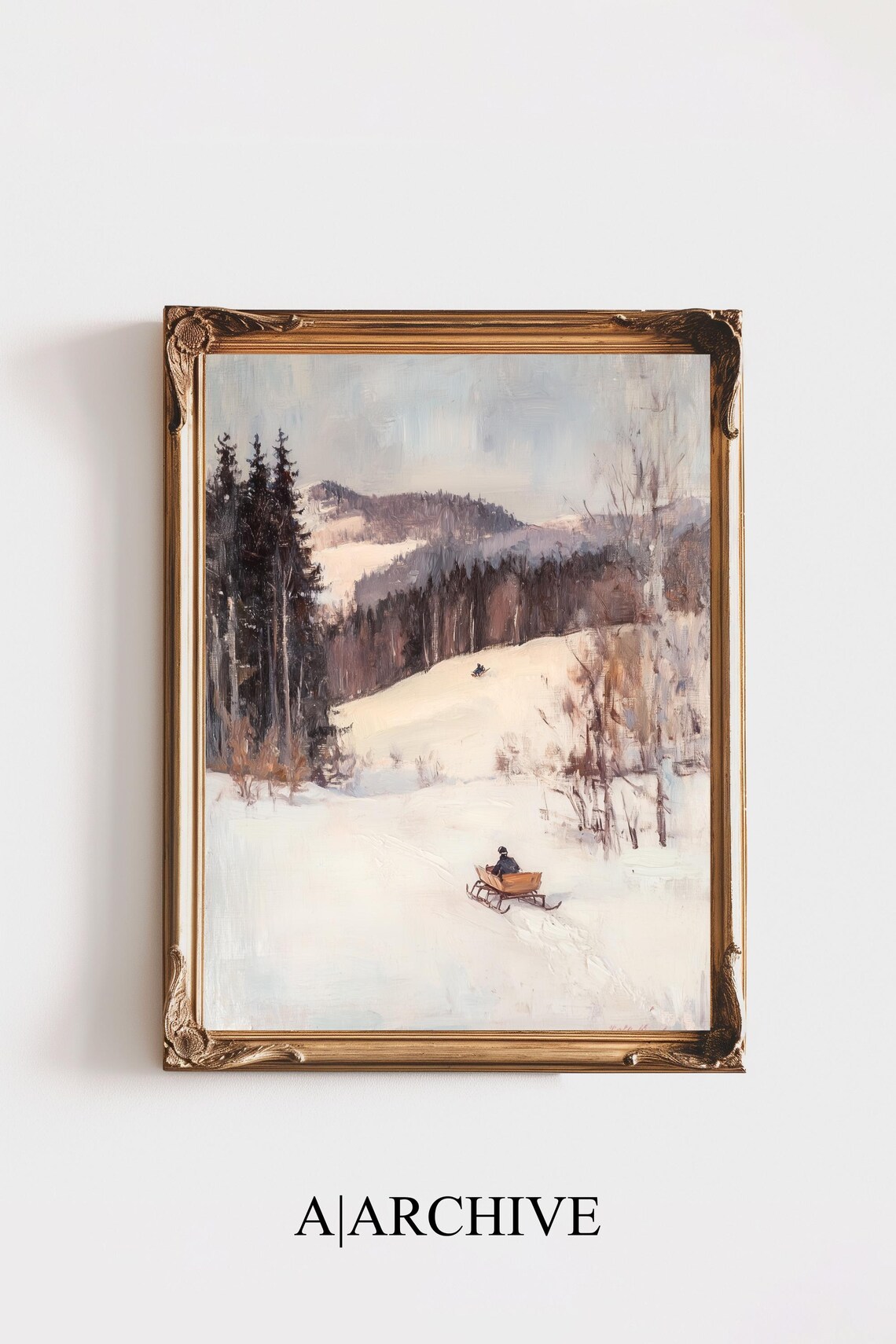 Horse Sleigh Snowy Trail Winter Hills Pines Vintage Landscape Poster
