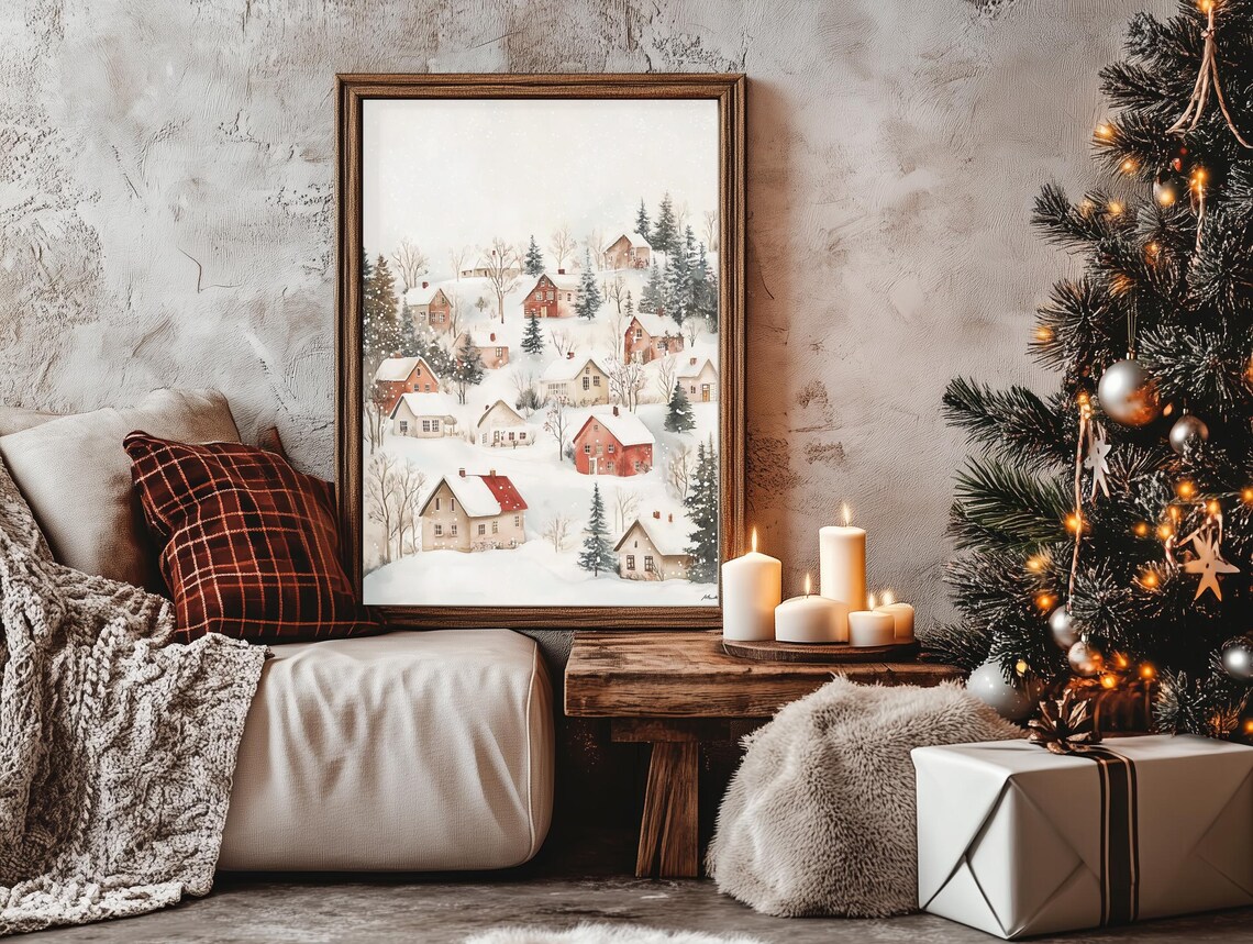 Watercolor Winter Village Snow Scene Red Houses Christmas Poster - Image 2