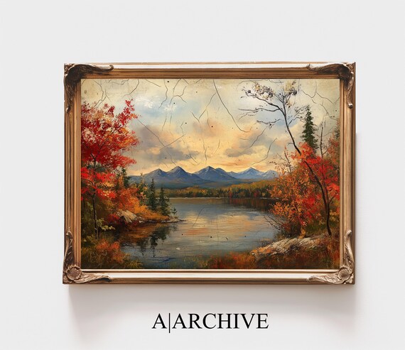 Autumn Mountain Lake Red Foliage Vintage Oil Painting Poster