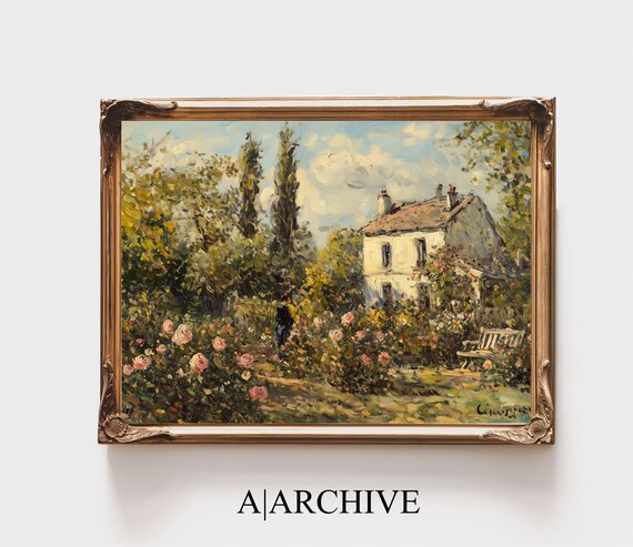 Blooming Pink Roses Cottage Garden Vintage Oil Painting Style Poster