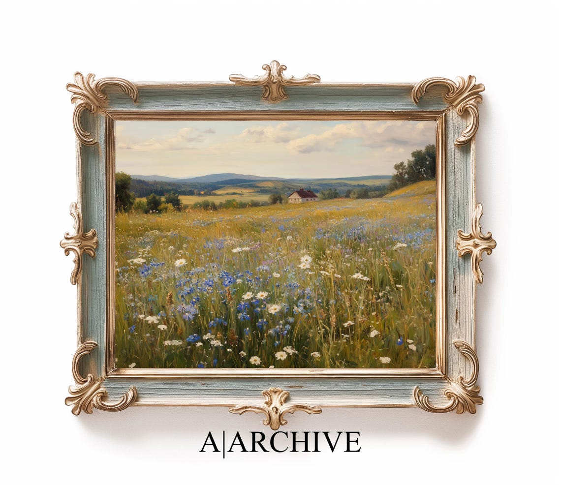 Golden Meadow Blue Cornflowers Farmhouse Country Landscape Poster - Image 2