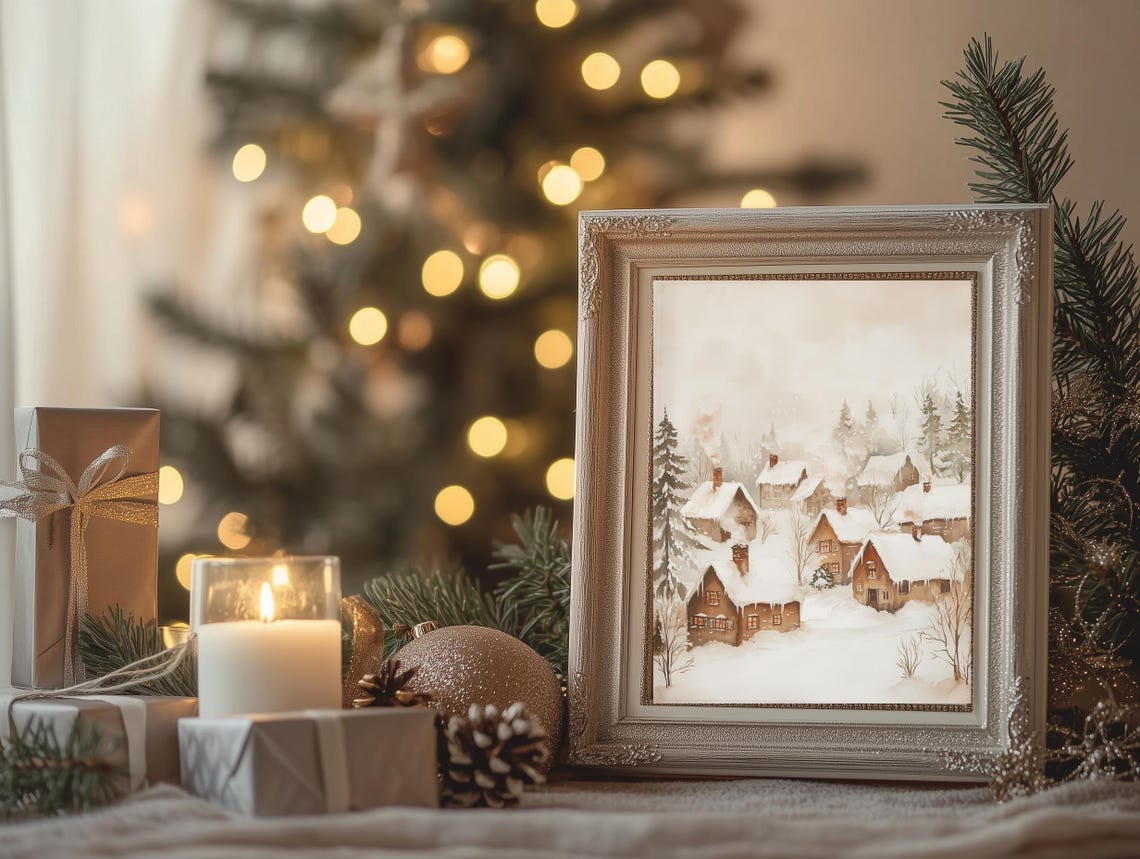 Muted Winter Village Snow Scene Rustic Watercolor Christmas Poster - Image 2