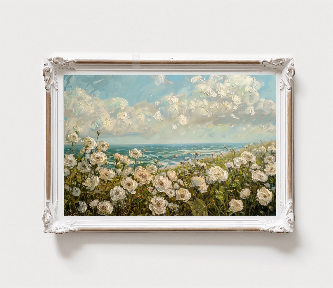 White Roses Coastal Bluff Turquoise Sea Summer Floral Landscape Poster - Image 2