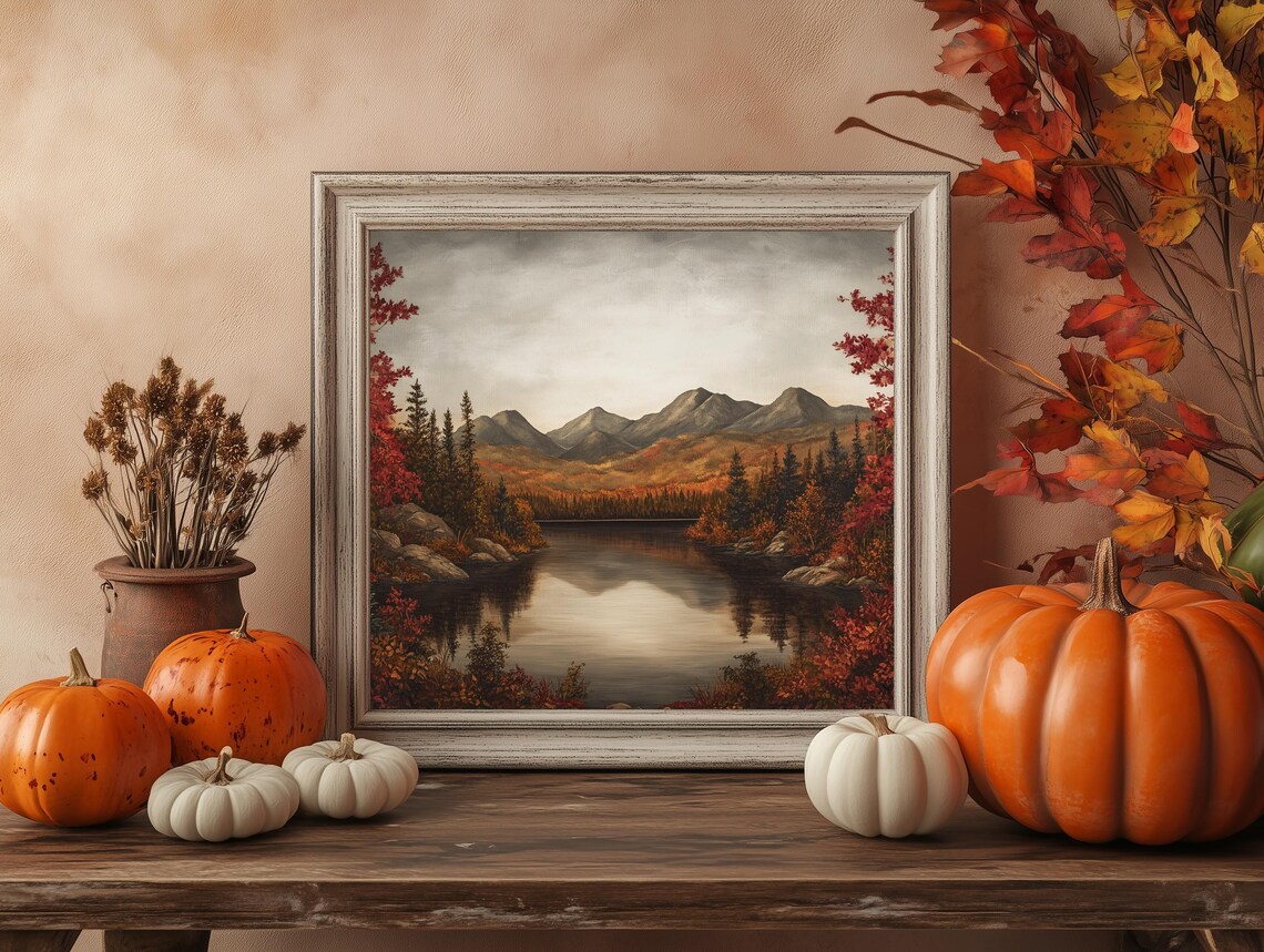 Autumn Mountain Lake Evergreen Vintage Countryside Painting Poster - Image 4