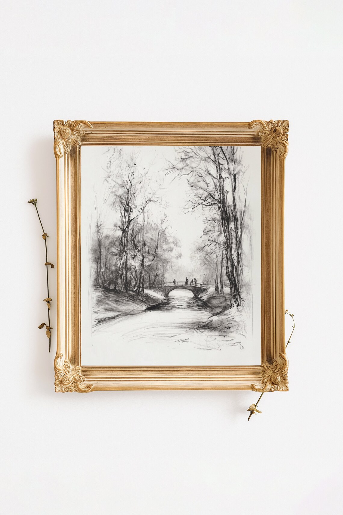 Landscape Sketch Vintage Etching, Bridge and Trees - Image 3