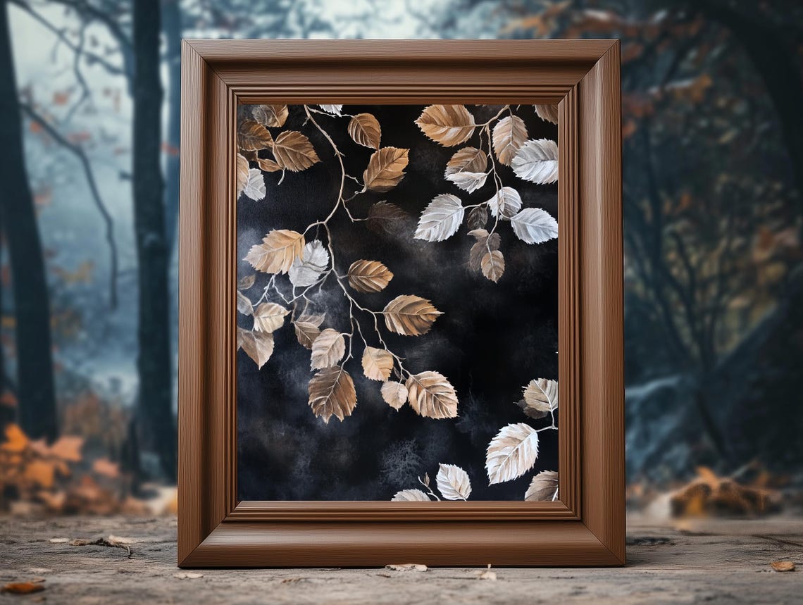 Gold Silver Autumn Leaves Dark Background Moody Botanical Art Poster - Image 4
